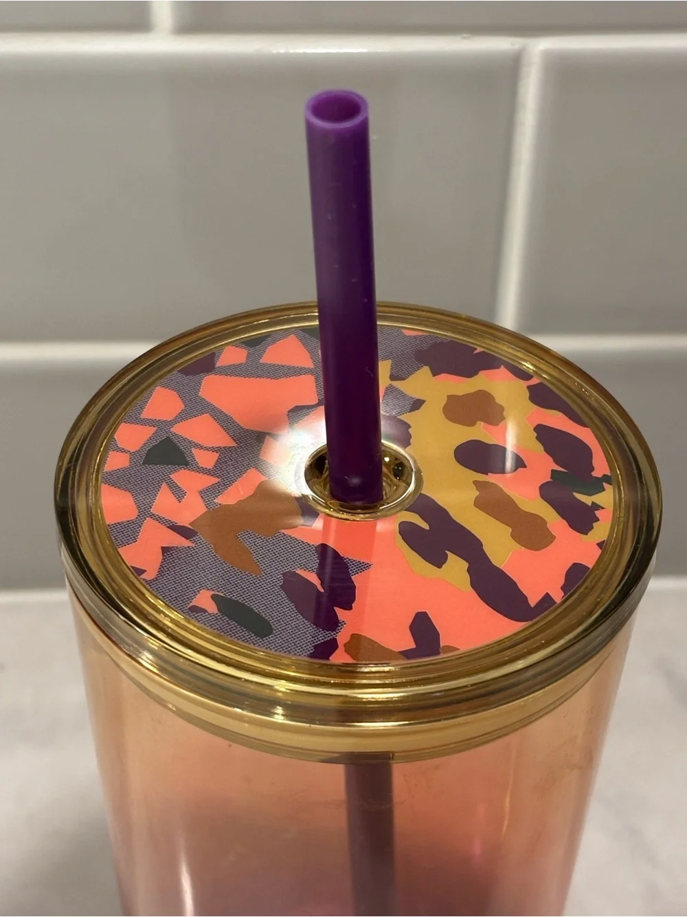 Starbucks 2021 Sunset Ombre 18 oz glass Cup with Leopard Lid and Purple straw